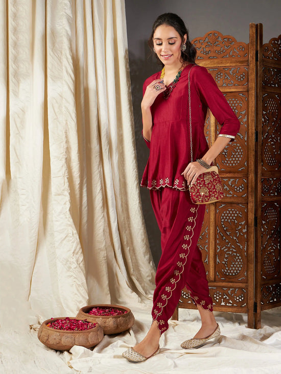 Women Maroon Zari Embroidered Peplum Top