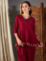 Women Maroon Zari Embroidered Peplum Top