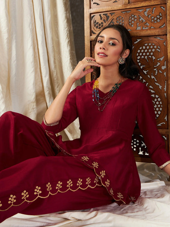 Women Maroon Zari Embroidered Peplum Top