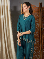 Women Teal Zari Embroidered Peplum Top