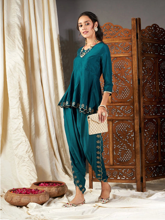 Women Teal Zari Embroidered Peplum Top