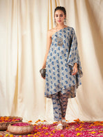 Women Grey Floral One Shoulder Kaftan Top-SHTOPS41452XS