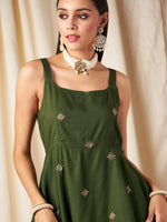 Women Olive Zari Embroidered Strappy Top