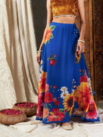 Women Blue Floral Bias Flared Skirt-SHSKR30317XS