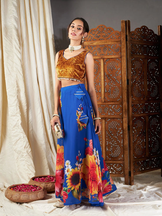 Women Blue Floral Bias Flared Skirt-SHSKR30317XS