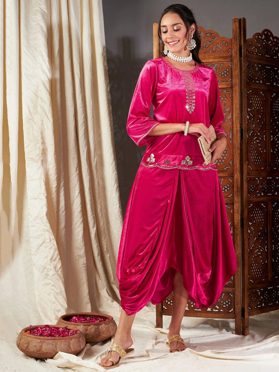 Women Fuchsia Velvet Dhoti Skirt