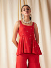 Women Red Zari Embroidered Strappy Top