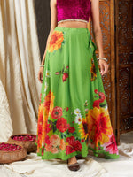 Women Green Floral Bias Flared Skirt-SHSKR30315XS