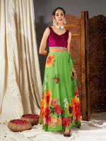 Women Green Floral Bias Flared Skirt-SHSKR30315XS