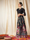 Women Black Floral Bias Flared Skirt With Crop Top