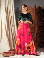 Women Fuchsia Floral Bias Flared Skirt