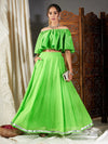 Women Green Lehariya Bardot Crop Top With Anarkali Skirt