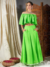 Women Green Lehariya Bardot Crop Top With Anarkali Skirt