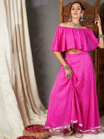 Women Pink Lehariya Off Shoulder Crop Top With Anarkali Skirt