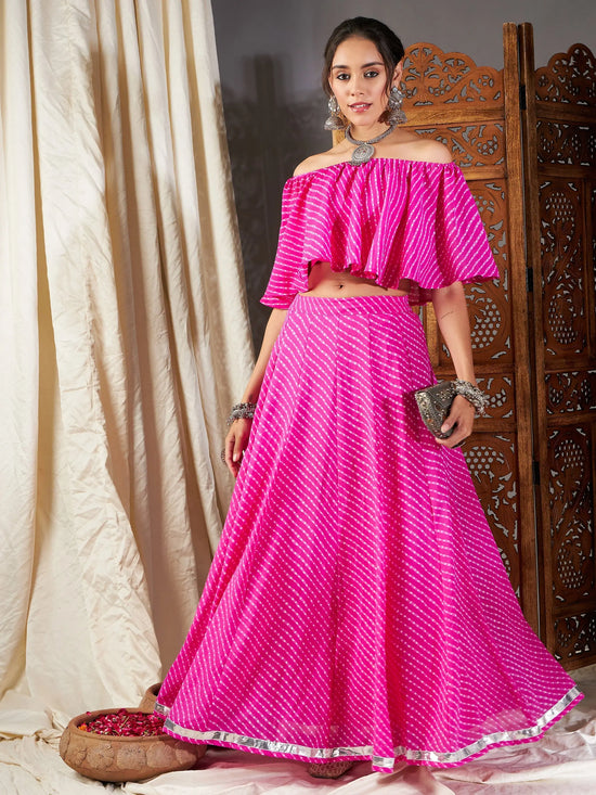 Women Pink Lehariya Off Shoulder Crop Top With Anarkali Skirt