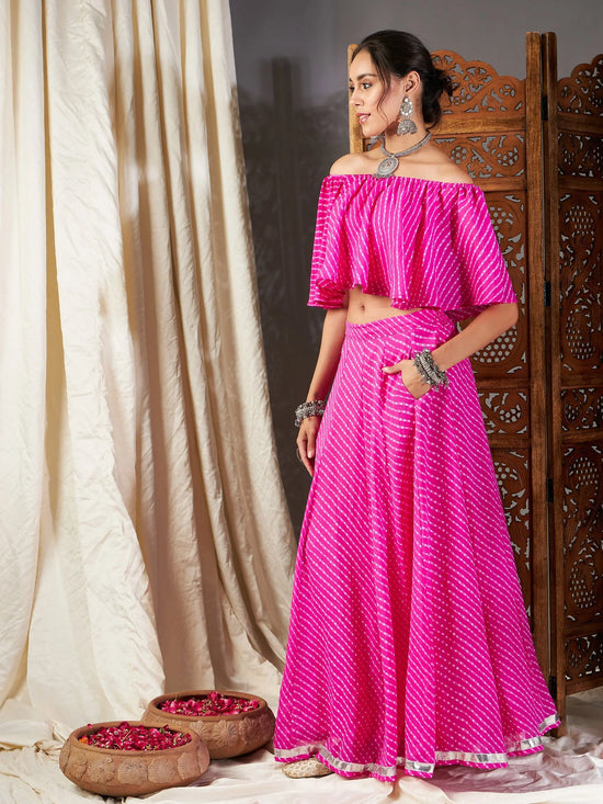 Women Pink Lehariya Off Shoulder Crop Top With Anarkali Skirt