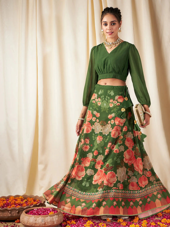 Women Green & Peach Floral Bias Flared Skirt With Crop Top