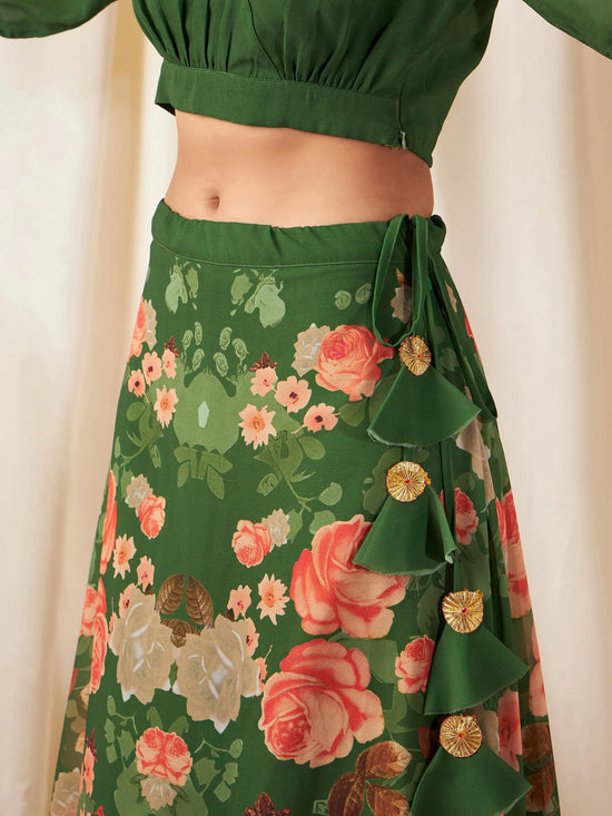 Women Green & Peach Floral Bias Flared Skirt With Crop Top