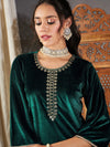 Women Green Velvet Embroidered Short Kurta With Dhoti Skirt