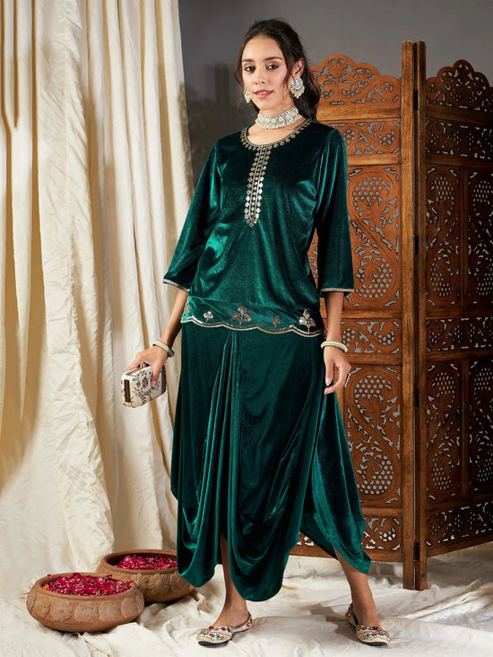 Women Green Velvet Embroidered Short Kurta With Dhoti Skirt