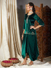 Women Green Velvet Embroidered Short Kurta With Dhoti Skirt