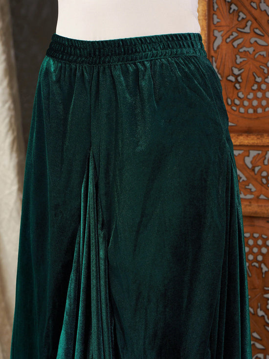 Women Green Velvet Embroidered Short Kurta With Dhoti Skirt