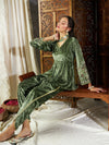 Women Olive Velvet Embroidered Peplum Kurta With Dhoti Pants