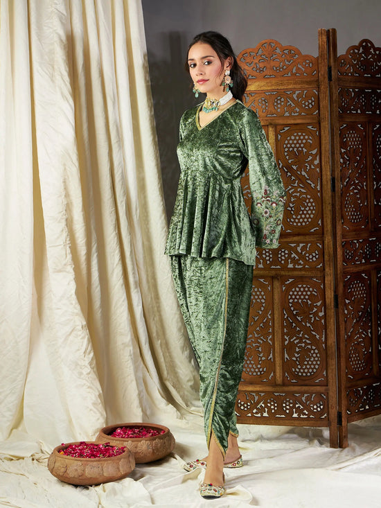 Women Olive Velvet Embroidered Peplum Kurta With Dhoti Pants