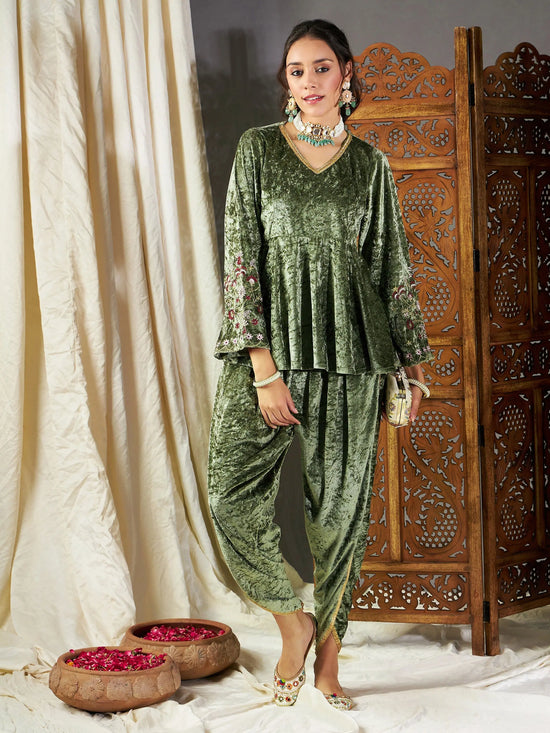 Women Olive Velvet Embroidered Peplum Kurta With Dhoti Pants