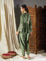 Women Olive Velvet Embroidered Peplum Kurta With Dhoti Pants