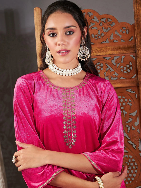 Women Fuchsia Velvet Embroidered Short Kurta With Dhoti Skirt