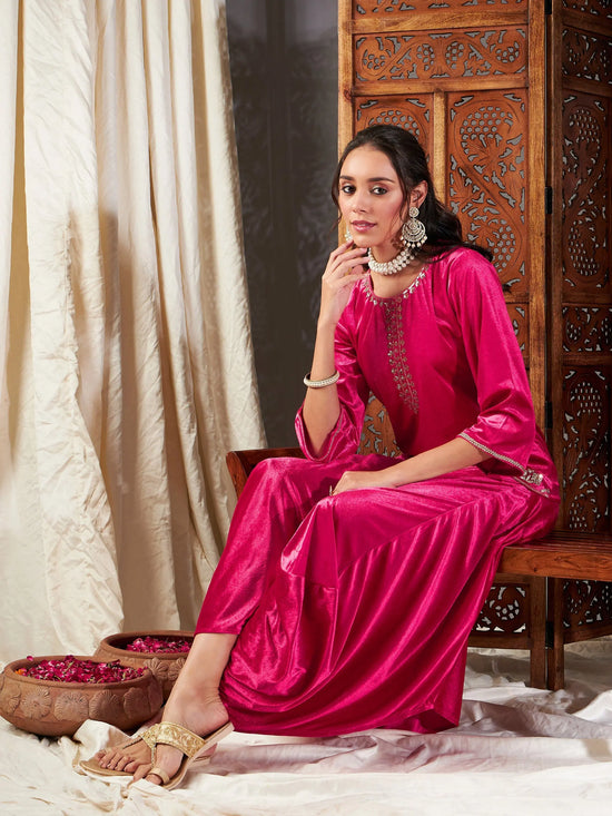 Women Fuchsia Velvet Embroidered Short Kurta With Dhoti Skirt