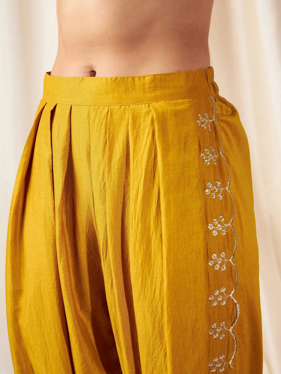 Women Mustard Zari Embroidered Peplum Top With Dhoti Pants