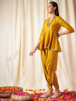 Women Mustard Zari Embroidered Peplum Top With Dhoti Pants