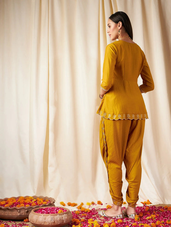 Women Mustard Zari Embroidered Peplum Top With Dhoti Pants