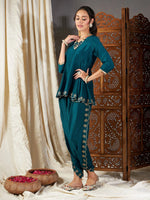 Women Teal Zari Embroidered Peplum Top With Dhoti Pants