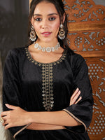 Women Black Velvet Embroidered Short Kurta With Dhoti Skirt