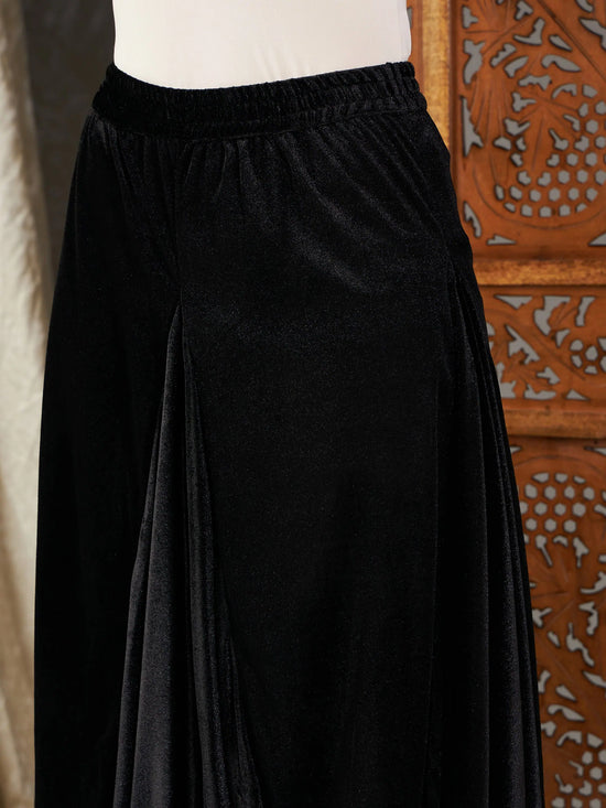 Women Black Velvet Embroidered Short Kurta With Dhoti Skirt