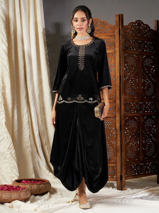 Women Black Velvet Embroidered Short Kurta With Dhoti Skirt