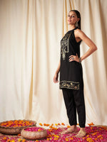 Women Black Foil Print Halter Neck Kurta With Pants