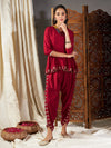 Women Maroon Zari Embroidered Peplum Top With Dhoti Pants