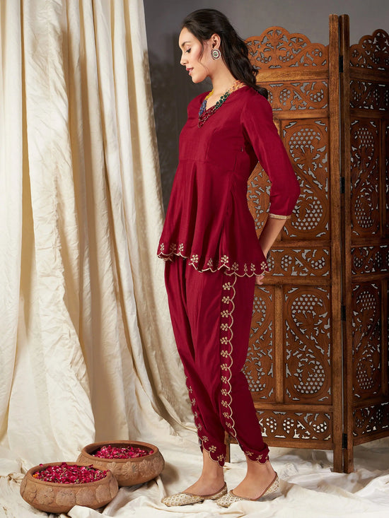 Women Maroon Zari Embroidered Peplum Top With Dhoti Pants