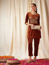 Women Rust Velvet Embroidered Yoke Short Kurta With Pants