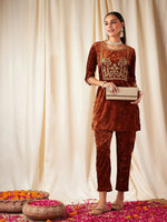 Women Rust Velvet Embroidered Yoke Short Kurta With Pants