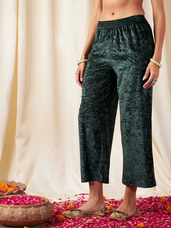 Women Emerald Green Velvet Straight Pants