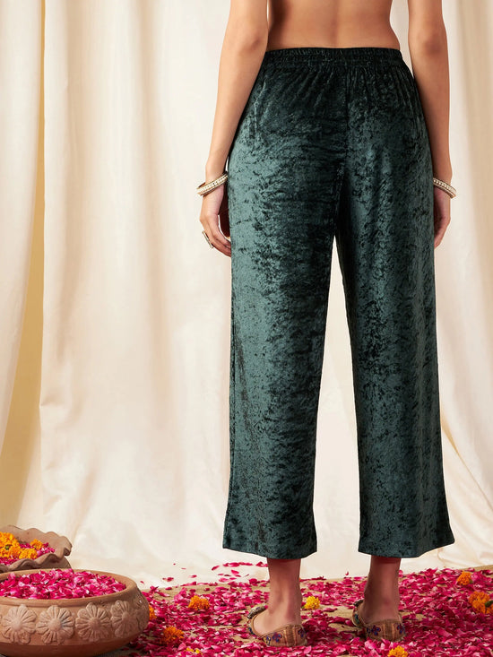 Women Emerald Green Velvet Straight Pants