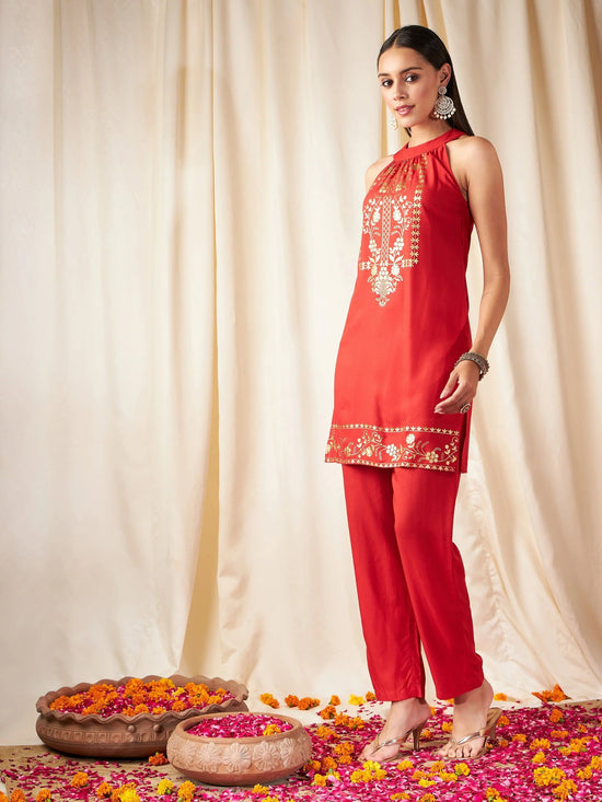 Women Red Foil Print Halter Neck Kurta With Pants