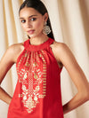 Women Red Foil Print Halter Neck Kurta With Pants