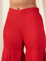 Women Red Zari Emb Strappy Top With Frilly Pants