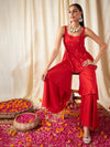 Women Red Zari Emb Strappy Top With Frilly Pants